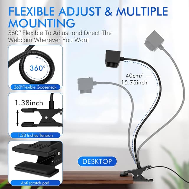 Detalle 2 de Webcam for PC (USB) with Adjustable Gooseneck, 1080P Manual Focus & Noise-Cancelling Mic (Black)