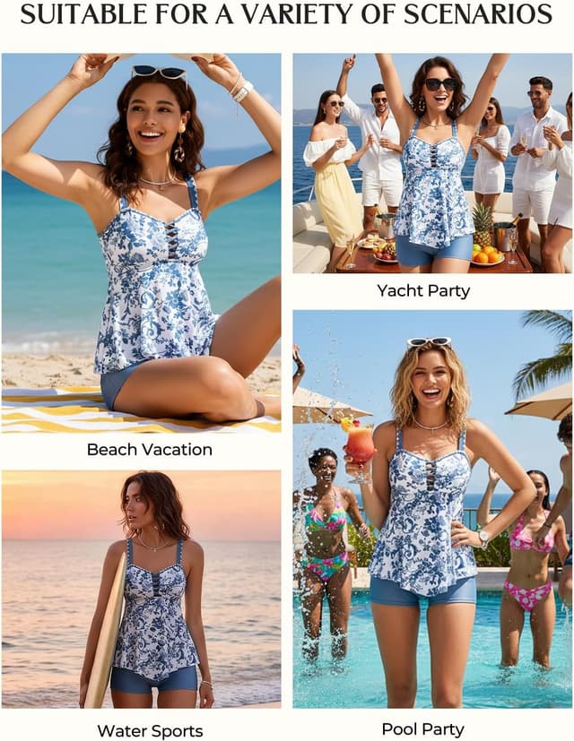 Detalle de Kate Kasin Tankini Swimsuit Set for Women (2026) — Tummy Control Two-Piece with Floral Tank Top