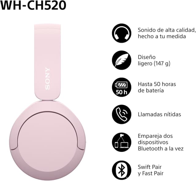 Detalle 2 de SONY WH-CH520 Auriculares inalámbricos Bluetooth, Rosa
