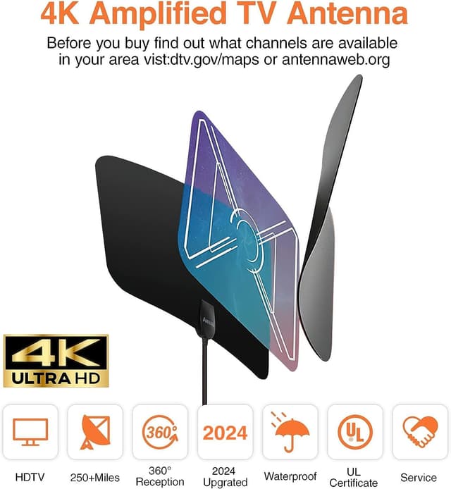 Detalle 2 de Indoor TV Aerial 250+ Miles Long Range (4K, Freeview) with Signal Booster and 5m Cable