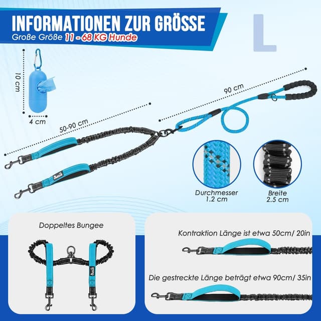 Detalle de SlowTon Doppelleine für 2 Hunde mit 360° Drehverschluss, reflektierenden Streifen und gepolsterten Griffen