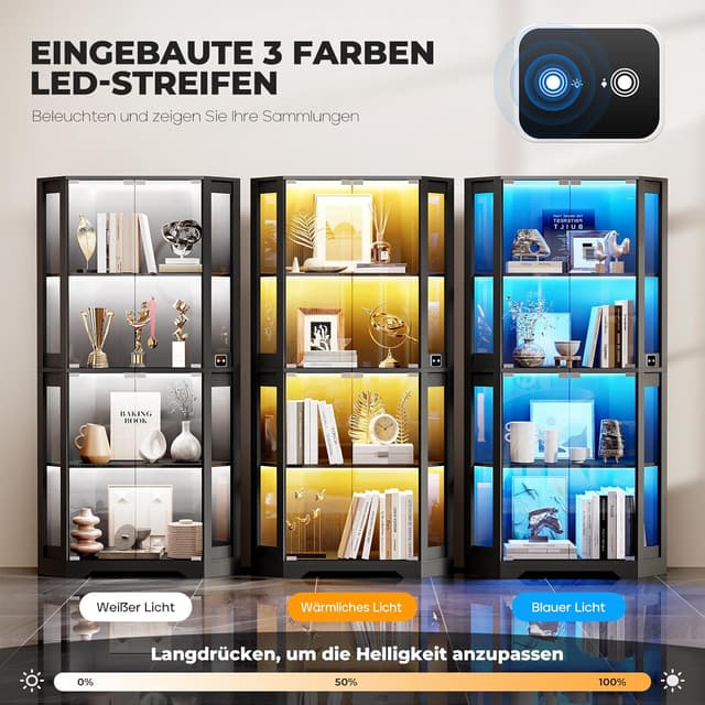 Detalle de BROTTAR Eckvitrine mit Glastüren 165 cm (Eckregal, LED 3 Farben & Sensor) in Schwarz