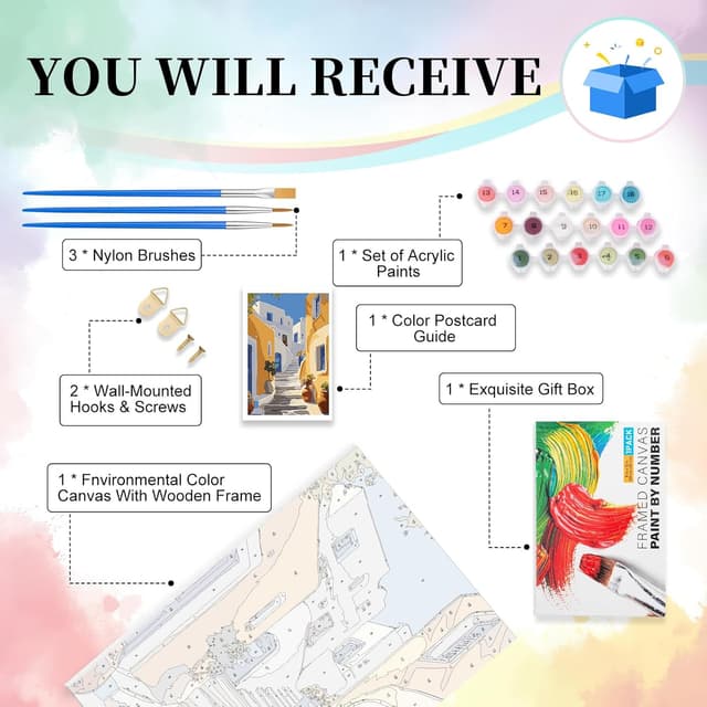 Detalle de Paint by Numbers for Adults with Frame – Santorini Easy Framed Kit (8 x 12 Inch)