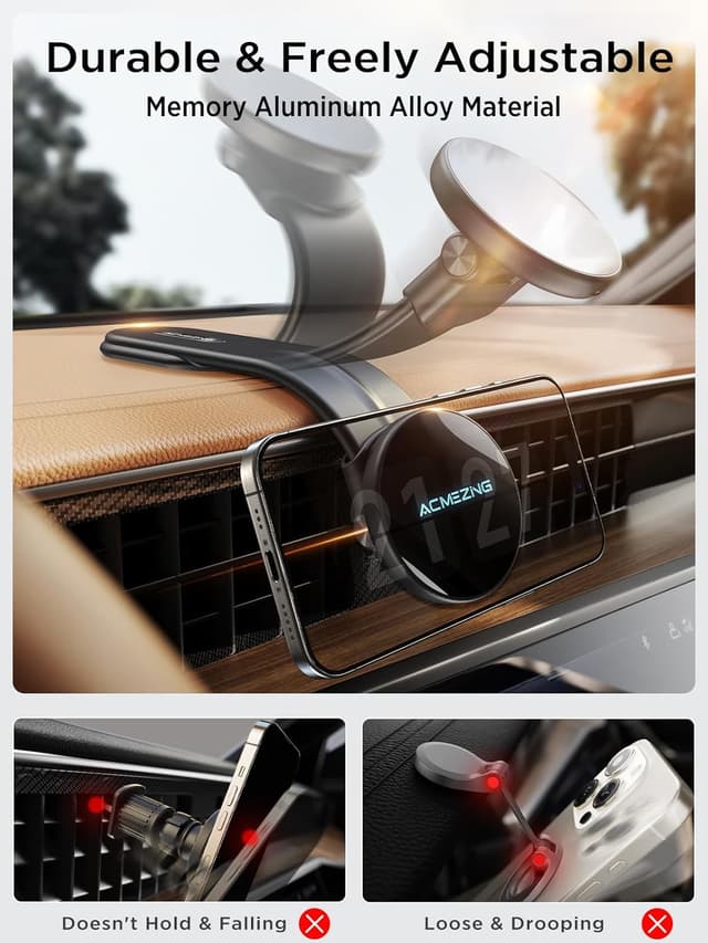 Detalle 2 de ACMEZING 15W MagSafe Car Mount Charger (Magnetic Wireless Fast Charging) — 360° Adjustable Aluminum Arm, Black