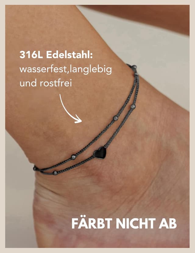 Detalle de Gd. GOOD.designs EST. 2015 Fußkettchen Herz für Damen – wasserfest, verstellbar & filigran aus 316L Edelstahl