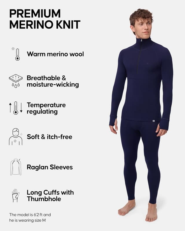 Detalle 2 de DANISH ENDURANCE Merino Wool Half Zip Base Layer Set for Men (Long Johns & Long Sleeve Top)