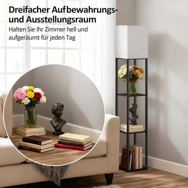 Detalle de Stehlampe mit Regal und 3 Farbtemperaturen (3000K/4500K/6000K) für Wohnzimmer, Schlafzimmer & Büro in Schwarz