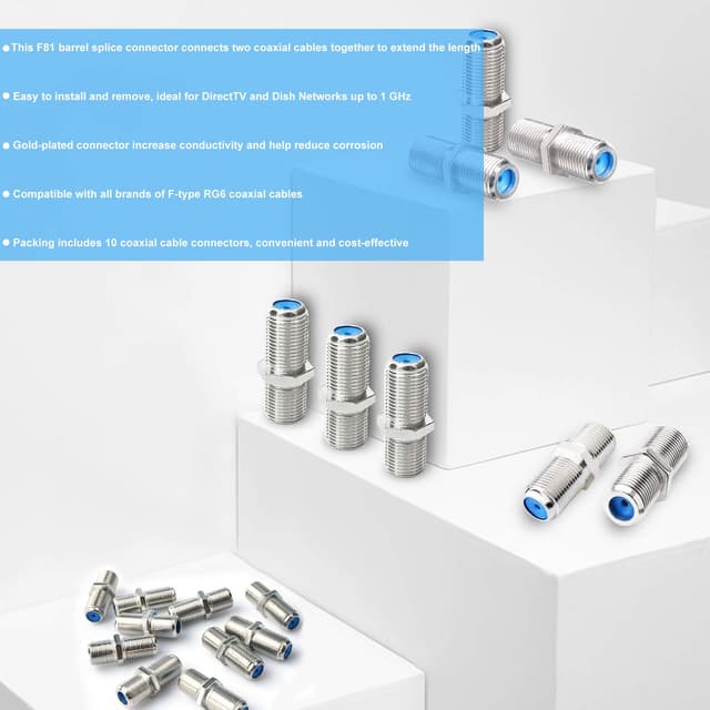Detalle de SAISN F81 F-Type Coaxial Cable Connector (3GHz) RG6 Extension Adapter, Pack of 10 (Silver)