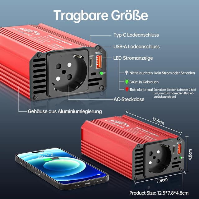 Detalle de AUCARAUTO Upgrade 300W Spannungswandler (12V auf 230V) mit USB‑C (65 W) & QC3.0 (18 W)