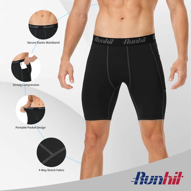 Detalle 2 de Runhit 3er Pack Herren Kompressionsshorts mit Handy-Tasche – Base Layer für Sport & Training