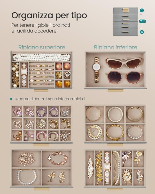 Thumbnail 2 de SONGMICS Scatola Portagioie 6 livelli grigio tortora