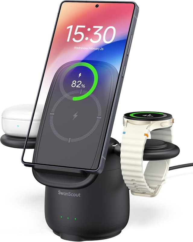 Detalle de SwanScout 707S 3-in-1 Wireless Charging Station for Samsung phones, Galaxy Watch and Buds