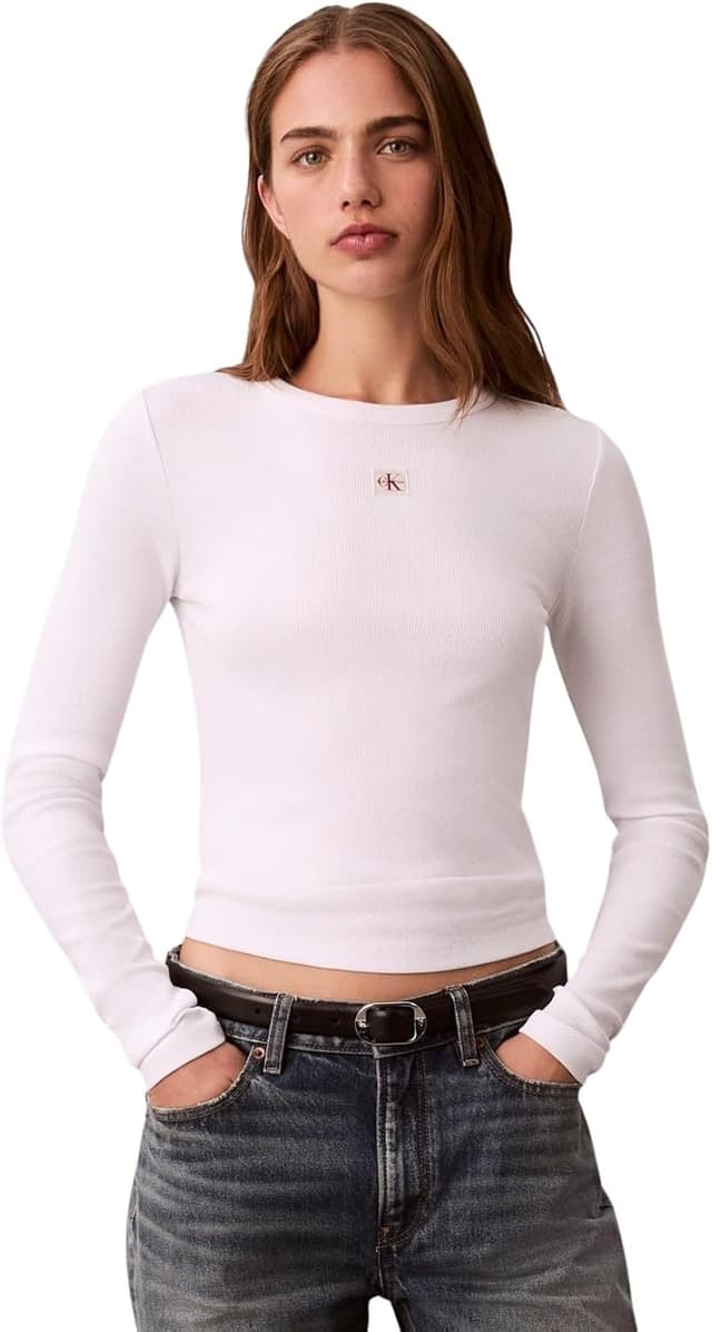 Detalle de Calvin Klein LS Woven Label 2x2 Rib Crew Top da donna