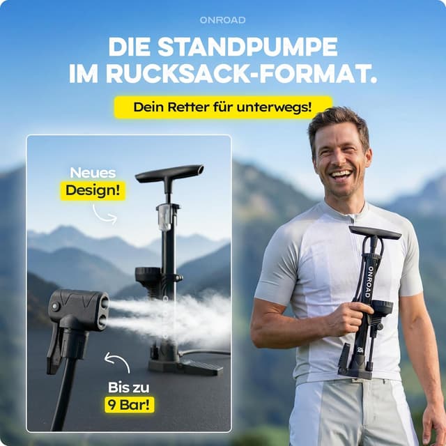 Detalle 2 de ON‑AIR Fahrradpumpe für alle Ventile (Presta/SV, AV, DV) – Standluftpumpe mit großem Manometer, Adapter & Ballnadel
