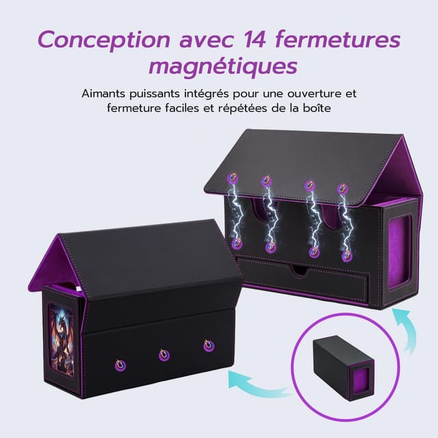 Detalle 2 de Tolesum Boîte à cartes double couche MTG avec tiroir pour dés, 2 fenêtres latérales et fermeture magnétique (jusqu’à 300+ cartes) – Violet noir