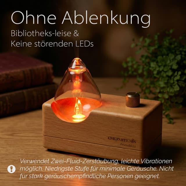 Detalle de Waterdrop Aroma Diffuser Kabellos (wasserlos) – Duftöl-Vernebler aus Glas & Buchenholz für bis zu 60 m²