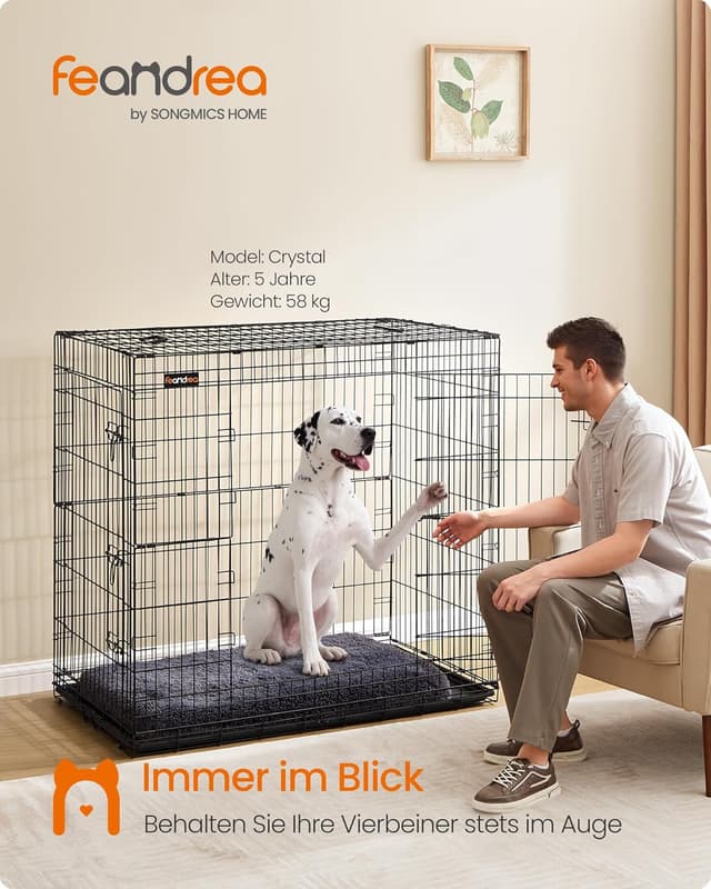 Detalle de Feandrea Hundekäfig klappbar mit 2 Türen und ausziehbarer Kunststoffschale (122 x 74 x 114 cm, XXL) PPD050B01