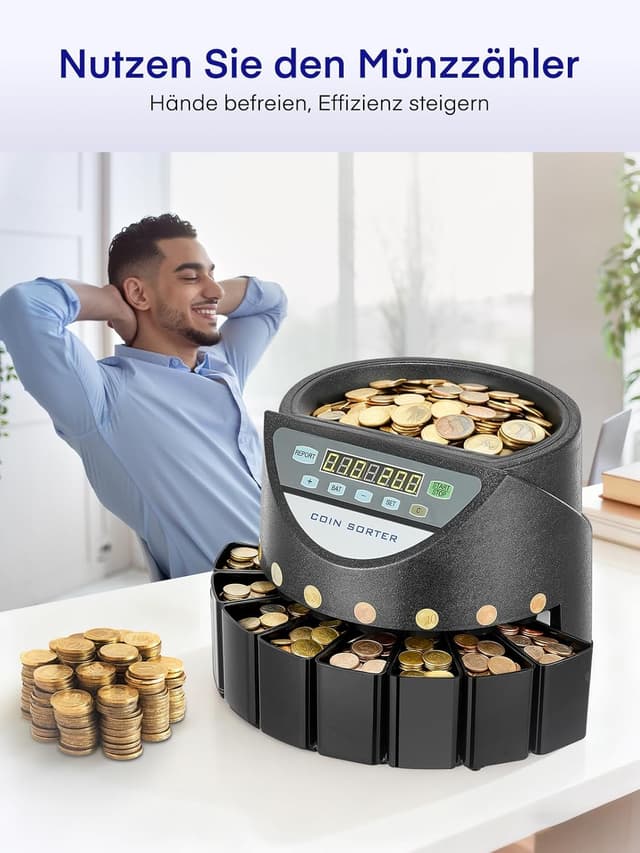 Detalle de Münzzähler Euro Sortierer (Münzen Zählmaschine) mit 8 Auffangboxen, 7‑stelliger LED-Anzeige – 800 Münzen Kapazität, schwarz