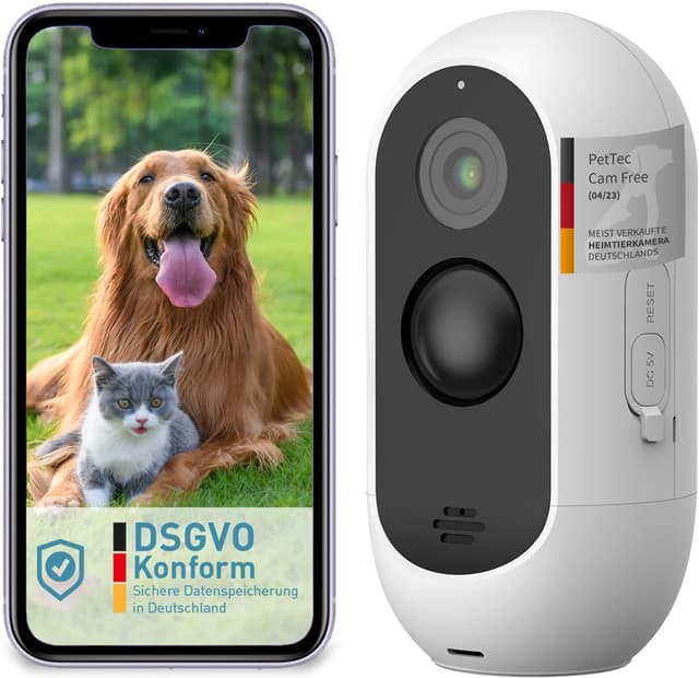 Detalle de PetTec Cam Free Outdoor WLAN-Hundekamera – wetterfest, 3MP, 2-Wege-Audio & bis zu 9 Monate Akkulaufzeit