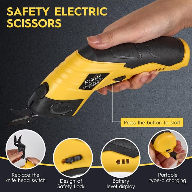 Detalle 2 de Kolozy Cordless Electric Scissors 4V (2500mAh, 10,000RPM) – Rechargeable cutter for cardboard, fabric, carpet, leather