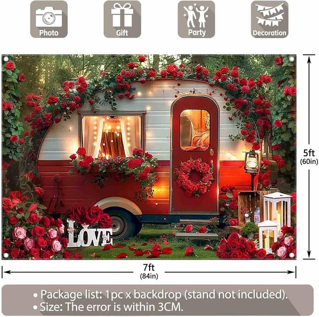 Detalle de Luminora Fabric Happy Valentine’s Day Photography Backdrop (7x5ft, red romantic car & rose forest)