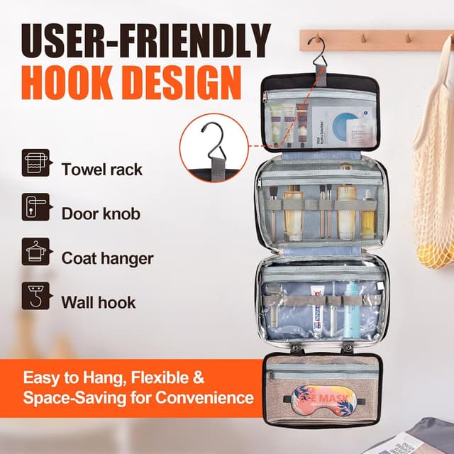 Detalle de FeinKulturia Kulturbeutel Reisetasche mit Metallhaken – faltbare, wasserabweisende Kulturtasche mit Nass-Trocken-Trennung (schwarz)