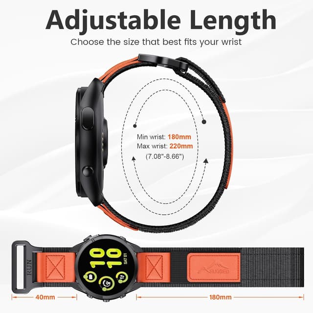 Detalle de Notocity 22mm nylon quick-release strap for Huawei Watch GT4/GT3/GT2/GT3 Pro, Garmin Vivoactive 4/Venu 2/3 and Samsung Galaxy Watch 3 45mm (Black/Orange)