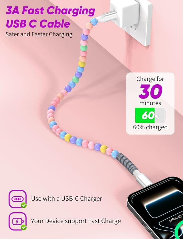 Detalle 2 de USB-C to USB-C Charger Cable 30cm (Beaded PD) – 60W fast charging & data transfer