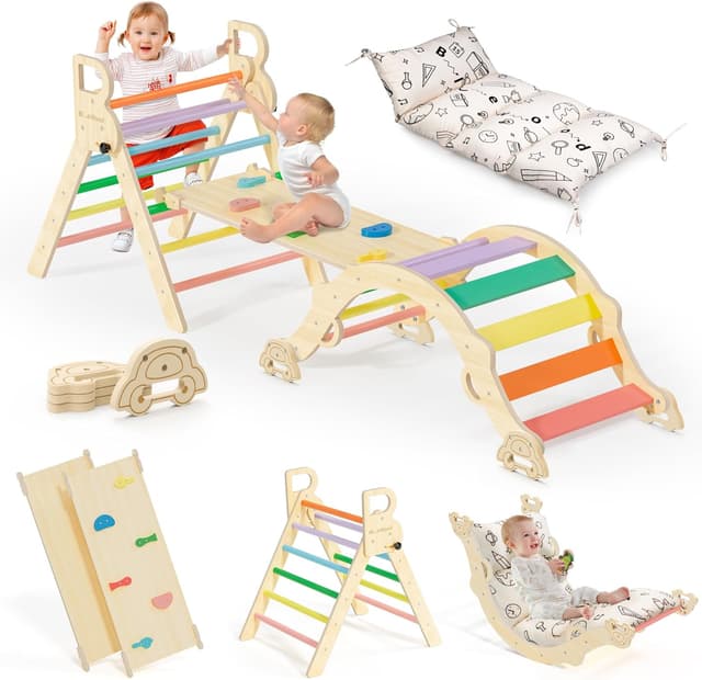 Detalle de BlueWood Pikler Triangle Set with Cushion (8-in-1) – Montessori-inspired jungle gym for toddlers