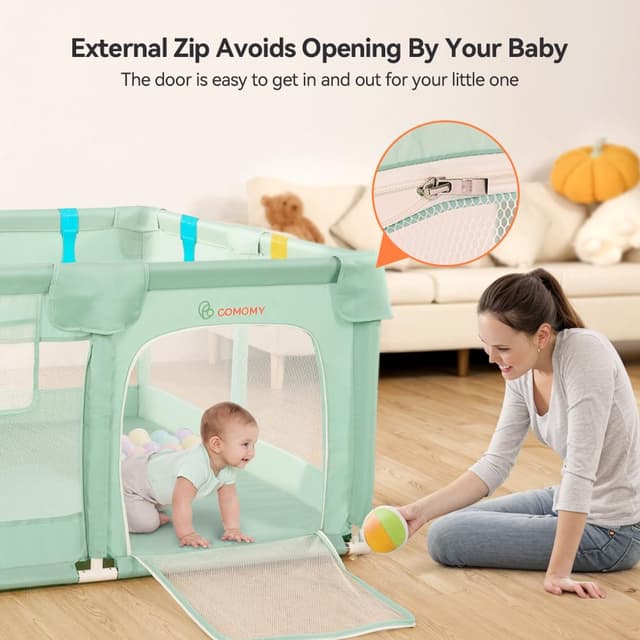 Detalle de COMOMY Laufstall Baby 127x127 cm mit Weichem Netz, Schutzgitter und Oxford-Boden (Grün)