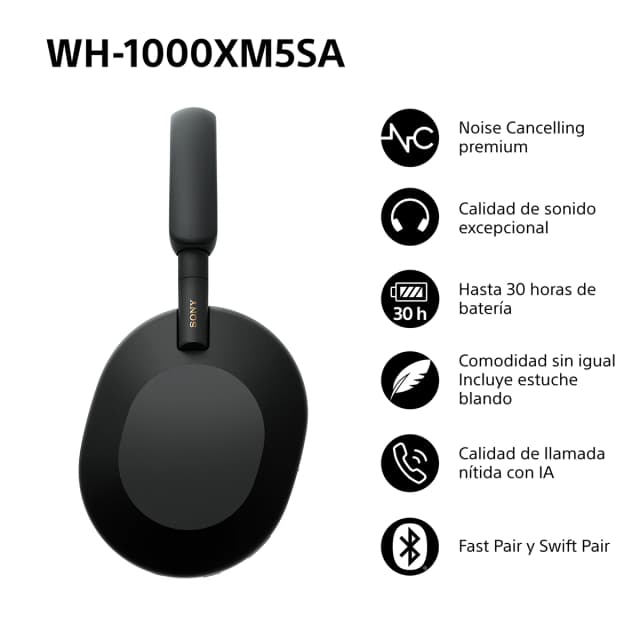 Detalle de Sony WH-1000XM5 Auriculares Bluetooth con cancelación de ruido, 30 horas