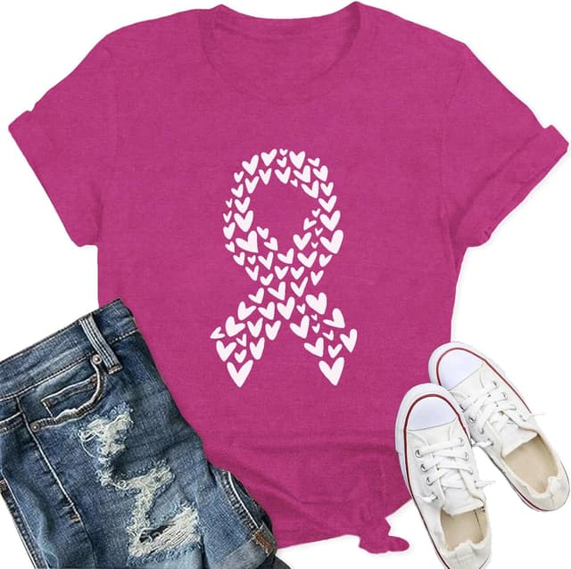 Detalle de Qskall breast cancer awareness T-shirt for women with pink ribbon & heart detail (S–XXL)