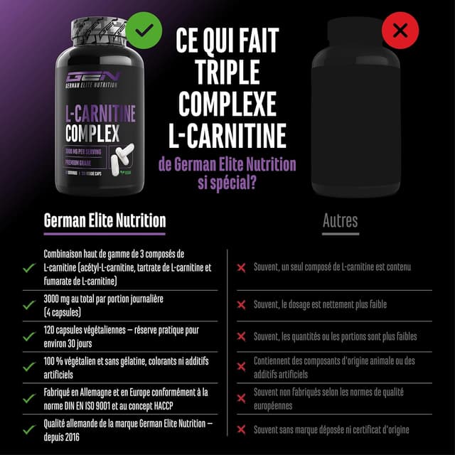 Detalle de L-Carnitine Triple Complexe German Elite Nutrition (3000 mg par portion) – 120 gélules véganes