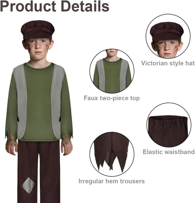 Detalle de DiULi Costume victorien pauper 3 pièces enfant (4 à 12 ans) avec pantalon et capuchon