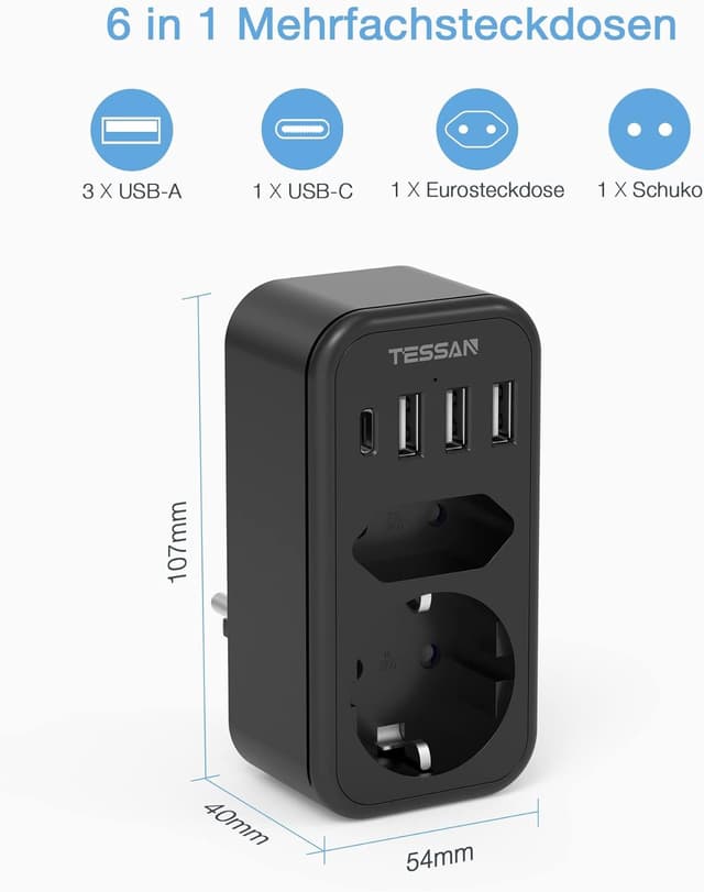 Detalle 2 de TESSAN Doppelstecker für Steckdose mit USB‑C – 2fach Adapter + 4× USB Netzstecker (3600 W, Schwarz)