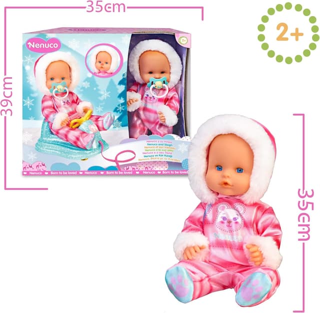 Detalle 2 de Nenuco Schlitten Baby-Puppe mit hartem Körper, 35 cm – rote Nase bei Kälte, Zubehör: Schnuller & Schlitten mit Rädern