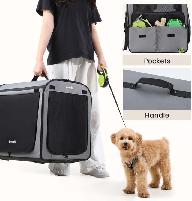 Detalle de Portable Dog Car Carrier Crate with Breathable Windows (61×45×52cm) – Foldable Grey Travel Crate