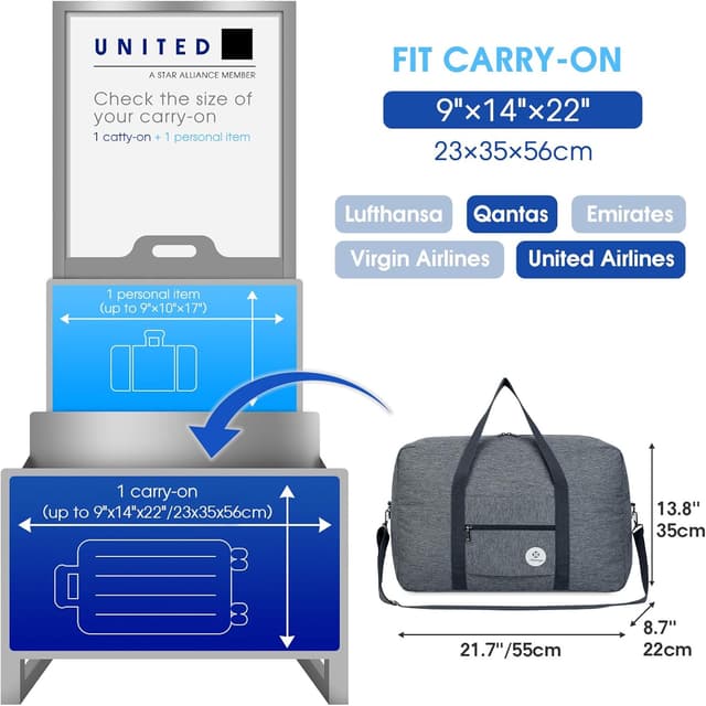 Detalle de for Airlines Large Cabin Bag 56x45x25 Foldable Travel Duffel Bag Holdall Tote (40L) – Thick Series Grey