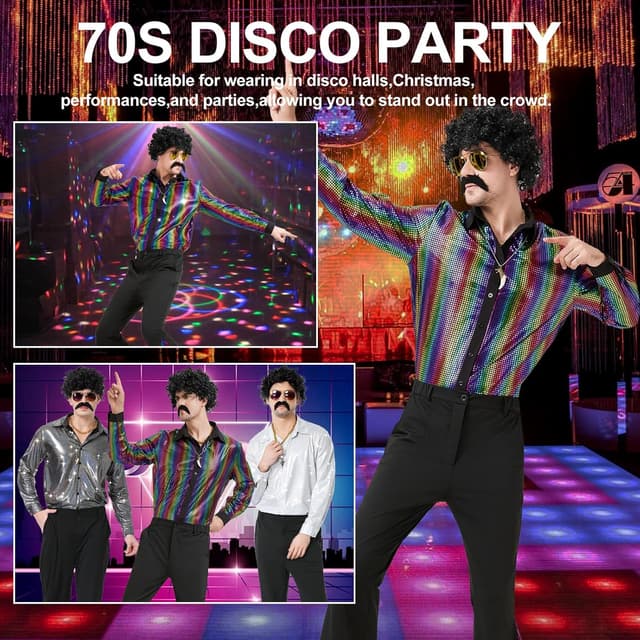 Detalle de Coseaon 70er Jahre Disco Outfit für Herren – Hemd, Schlaghosen, Perücke, Schnurrbart & Accessoires