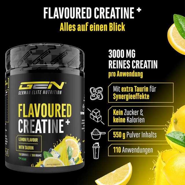 Detalle 2 de GEN German Elite Nutrition Flavoured Creatine Pulver (550 g) – Creatin Monohydrat mit L-Taurin, vegan & zuckerfrei