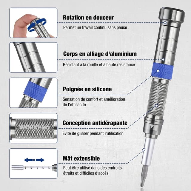 Detalle 2 de WORKPRO Kit de tournevis de précision 26 pièces avec embouts magnétiques