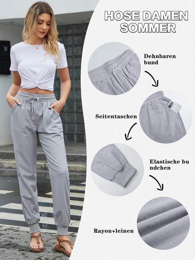 Detalle 2 de Livonmone Damen Sommer Stoffhose mit Stretch