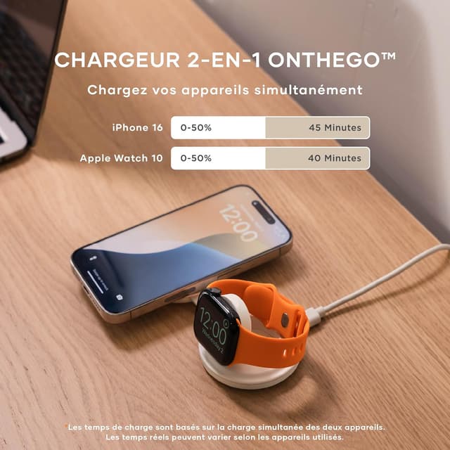 Detalle de Satechi OntheGo™ Chargeur Induction 2 en 1 Qi2 pliable (Beige) – iPhone & Apple Watch