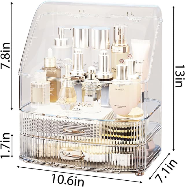 Detalle 2 de Lurcns Makeup Organiser with Drawers (Clear Lid) for Vanity, Bathroom Countertop & Skincare Storage