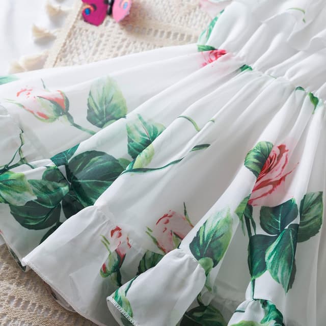 Detalle 2 de JiAmy Toddler Girls Summer Dress – Floral Off-Shoulder Chiffon Ruffle Hem (1–6 Years)