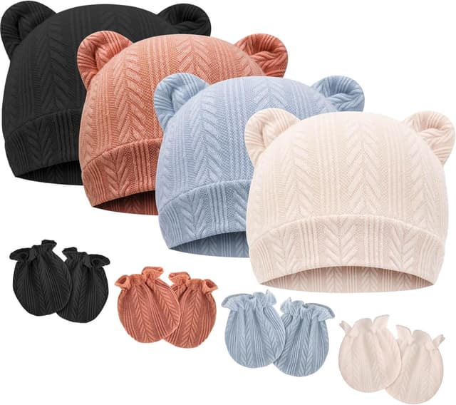 Detalle de DRESHOW Newborn Beanie Hat and Gloves (96% cotton, 0–6 months) – 4 hats & 4 mittens