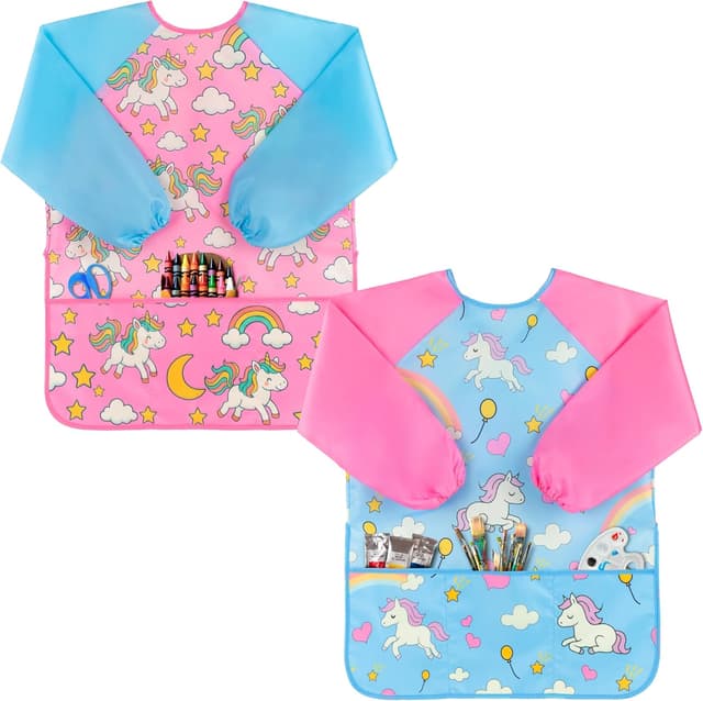 Detalle de Oiomniv Kinder Malschürze (2er-Set) – wasserdichte Malkittel mit langen Ärmeln und 3 Taschen