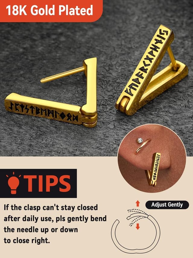 Detalle de FaithHeart Viking Hoop Earrings for Men with Norse Runes – Stainless Steel 316L, Hypoallergenic, Gift Wrapped