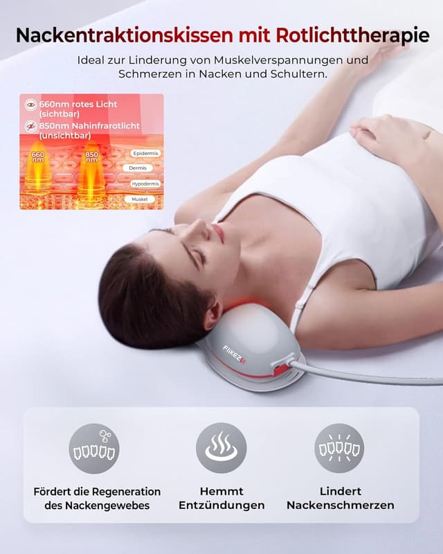 Detalle de FliKEZE Nackenstrecker mit Rotlichttherapie und Wärmestufen (kabellos) – für Nacken & Schulterentspannung zu Hause und im Büro