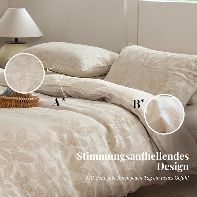 Detalle de SOULFUL Leinen-Bettwäsche 155x220 (Jacquard, Boho Leaves) mit Kissenbezug 80x80, Öko-Tex 100